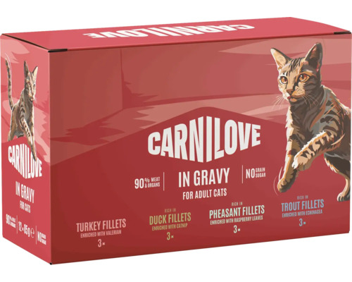 Carnilove multipack mokré krmivo pro dospělé kočky, filety v omáčce, 12 kapsiček s krůtou, kachnou, bažantem a pstruhem, bez obilovin.