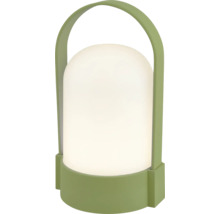 Přenosná LED stolní lampa se zelenou základnou a rukojetí.