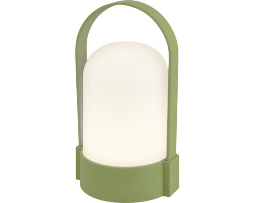 Přenosná LED stolní lampa se zelenou základnou a rukojetí.