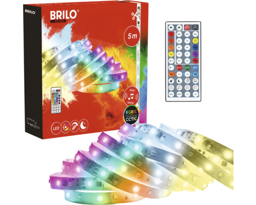LED pásek Brilo 5 metrů, RGBIC a nastavitelné bílé světlo, hudební senzor a dálkové ovládání.