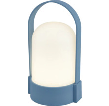 Přenosná LED stolní lampa s modrou rukojetí a podstavcem a bílým matným plastovým stínítkem.