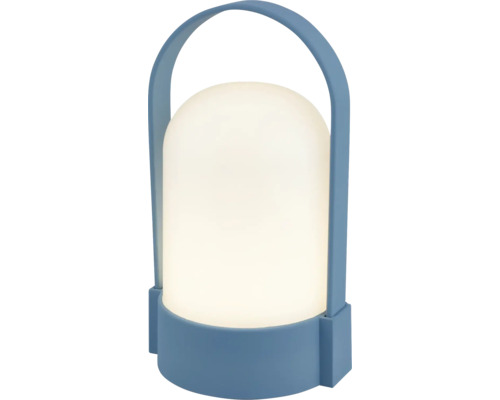 Přenosná LED stolní lampa s modrou rukojetí a podstavcem a bílým matným plastovým stínítkem.
