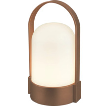 Přenosná stolní LED lampa s hnědým madlem a bílým plastovým stínidlem pro venkovní použití.