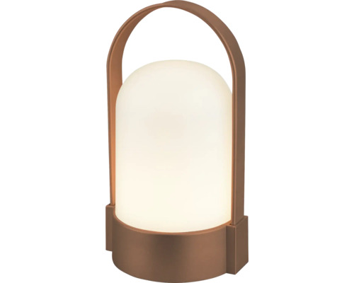 Přenosná stolní LED lampa s hnědým madlem a bílým plastovým stínidlem pro venkovní použití.