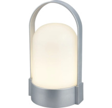 Přenosná LED stolní lampa s bílým plastovým difuzorem a stříbrným kovovým madlem.