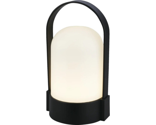 Moderní přenosná stolní lampa s černou základnou a rukojetí a bílou průsvitnou kopulí.