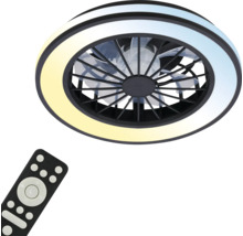 LED stropní svítidlo s ventilátorem a dálkovým ovládáním, kulatý design s černým rámem a nastavitelnou teplotou barev.
