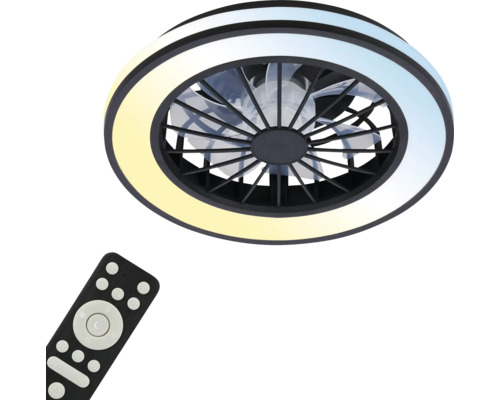 LED stropní svítidlo s ventilátorem a dálkovým ovládáním, kulatý design s černým rámem a nastavitelnou teplotou barev.