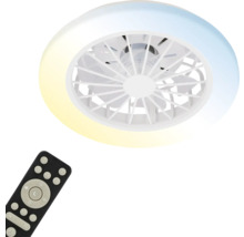 Kulatý bílý stropní ventilátor s integrovaným LED osvětlením a dálkovým ovládáním.