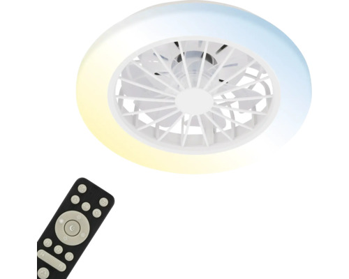 Kulatý bílý stropní ventilátor s integrovaným LED osvětlením a dálkovým ovládáním.