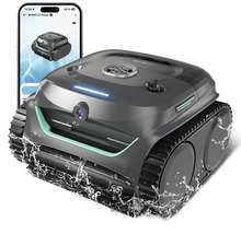 Bazénový čisticí robot Wybot s integrovanou kamerou a pásovým pohonem, včetně ovládání přes aplikaci v chytrém telefonu.