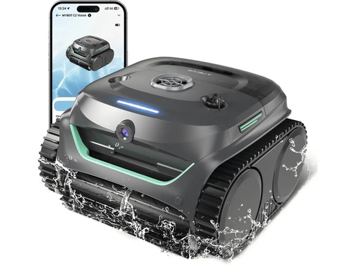 Bazénový čisticí robot Wybot s integrovanou kamerou a pásovým pohonem, včetně ovládání přes aplikaci v chytrém telefonu.