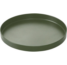 Kulatá plastová podmiska pod květináč v tmavě zelené barvě.