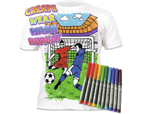 Bílé tričko k vybarvení s fotbalovým motivem a deset vypratelných fixů na textil Splat Planet.