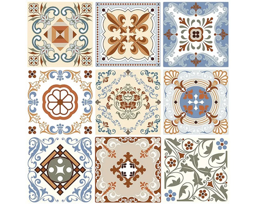 Devět dekorativních dlaždic s různými vintage vzory, květinovými ornamenty a geometrickými vzory.