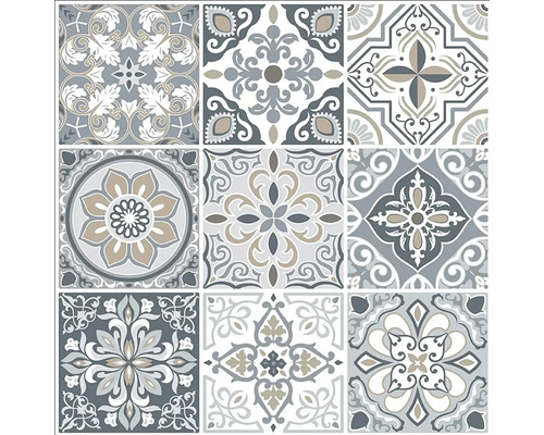 Devět čtvercových dlaždic s různými vintage ornamentálními vzory v mřížce tři krát tři.
