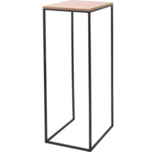 Moderní stojan na květiny s černou kovovou konstrukcí a čtvercovou deskou v dekoru dřeva.