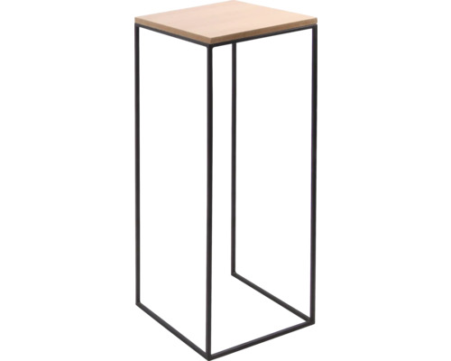 Moderní stojan na rostliny s čtvercovou dřevěnou deskou a černým kovovým rámem.