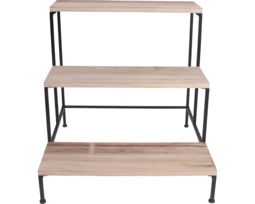 Třístupňový dřevěný regál s černým kovovým rámem.