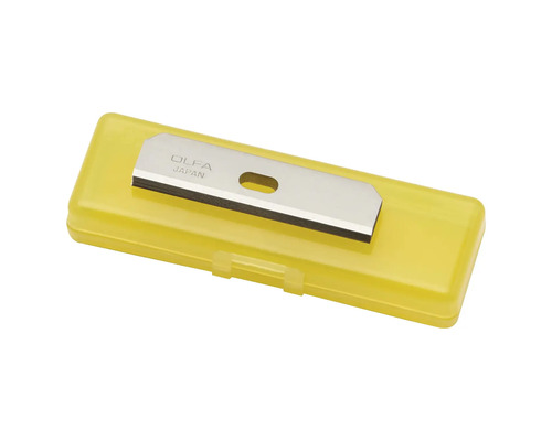 Náhradní čepele OLFA pro škrabky z oceli ve žluté plastové krabičce.