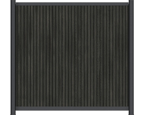 Antracitová pohledová ochrana z dřevoplastu s vertikálními lamelami a kovovým rámem.
