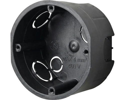 Černá krabice do dutých stěn pro elektroinstalace s otvory pro kabely a označením pro 4 milimetry čtvereční a 400 Voltů.