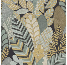 Vliesová tapeta s listovým vzorem, stylizované listy s pruhy a strukturami ve žluté, zelené a šedé barvě, botanický design.