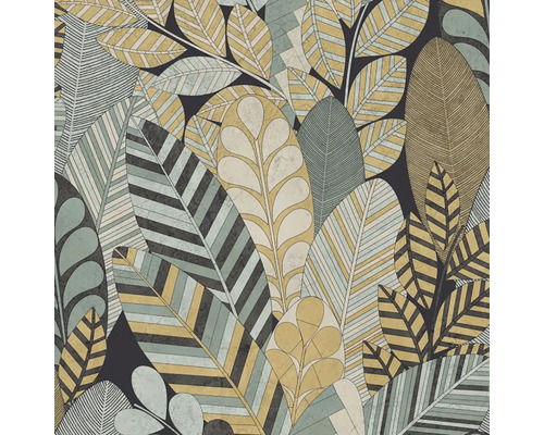 Vliesová tapeta s listovým vzorem, stylizované listy s pruhy a strukturami ve žluté, zelené a šedé barvě, botanický design.