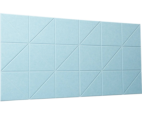 Světle modrý akustický nástěnný panel s geometrickým trojúhelníkovým vzorem z plsti.