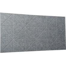 Akustický panel z plsti s geometrickým trojúhelníkovým vzorem v šedé barvě pro zvukovou izolaci.