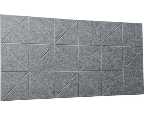 Akustický panel z plsti s geometrickým trojúhelníkovým vzorem v šedé barvě pro zvukovou izolaci.