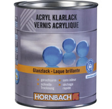 Hornbach akrylový bezbarvý lak lesklý, s nízkým zápachem a rychleschnoucí s ekologickou značkou Modrý anděl. Hornbach Logo.