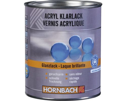 Hornbach akrylový bezbarvý lak lesklý, s nízkým zápachem a rychleschnoucí s ekologickou značkou Modrý anděl. Hornbach Logo.