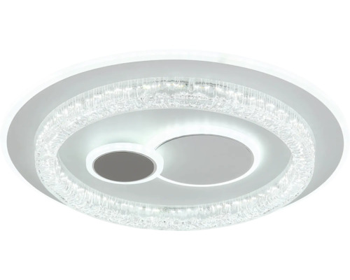 Moderní kulaté stropní LED svítidlo s prstencem s křišťálovým efektem a dvěma integrovanými kruhovými světelnými panely.