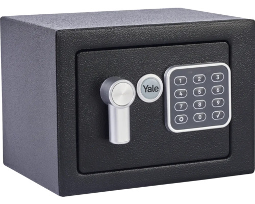 Černý nábytkový trezor Yale z oceli s elektronickým kódovým zámkem, stříbrnou otočnou rukojetí a Yale Logo.