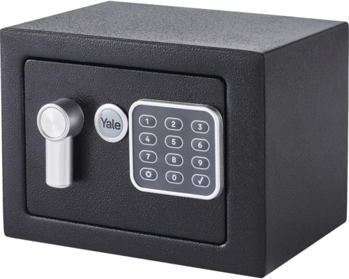 Černý trezor s Yale Logo, digitální klávesnicí a otočnou rukojetí.