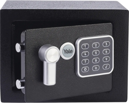 Trezor Yale s elektronickým zámkem, klávesnicí, otočnou rukojetí, jisticími čepy a Yale Logo.