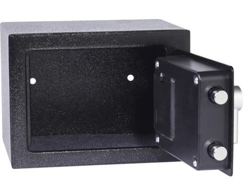 Černý nábytkový trezor z kovu s otevřenými dveřmi a dvěma uzamykacími čepy.