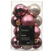 Sada 16 skleněných vánočních koulí Decoris, průměr 3,5 centimetru, růžové odstíny, lesklý a matný povrch.