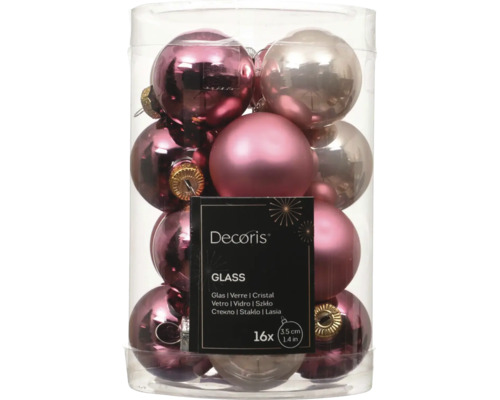 Sada 16 skleněných vánočních koulí Decoris, průměr 3,5 centimetru, růžové odstíny, lesklý a matný povrch.