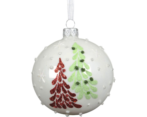 Bílá skleněná vánoční koule s motivy dvou vánočních stromků a třpytivými sněhovými vločkami.
