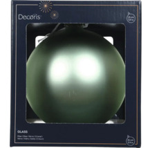 Skleněná vánoční koule, matně zelená, průměr 15 centimetrů, v balení s Decoris Logo.