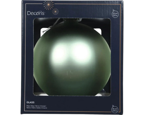 Skleněná vánoční koule, matně zelená, průměr 15 centimetrů, v balení s Decoris Logo.