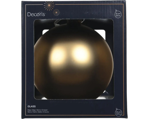Bronzová skleněná vánoční koule o průměru 15 centimetrů v balení s Decoris Logo.