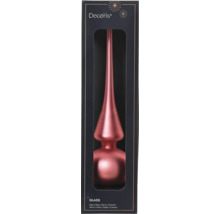 Růžová skleněná špička na vánoční stromek Decoris v černém prodejním obalu.