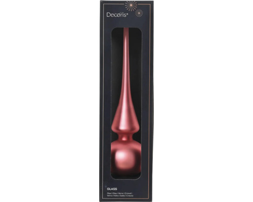 Růžová skleněná špička na vánoční stromek Decoris v černém prodejním obalu.