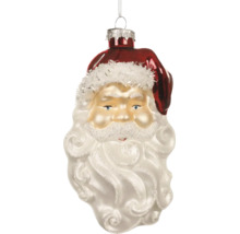 Vánoční ozdoba ve tvaru hlavy Santa Clause s červenou čepicí a bílým vousem.
