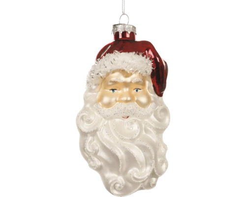 Vánoční ozdoba ve tvaru hlavy Santa Clause s červenou čepicí a bílým vousem.