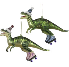 Vánoční ozdoba dinosaurus na kolečkových bruslích ze skla se třpytkami a čepicí