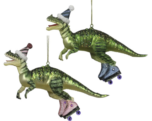 Vánoční ozdoba dinosaurus na kolečkových bruslích ze skla se třpytkami a čepicí